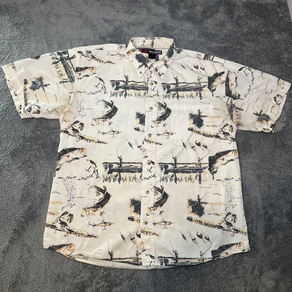 VTG Reel Legends Men's Button Down Short Sleeve Fishing Hawaiian Shirt SZ L - Picture 3 of 15